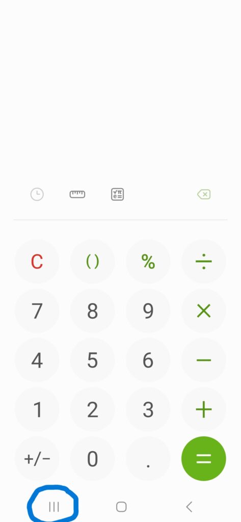 Screenshot of the calculator app on an Android phone with the "Recent" icon circle.