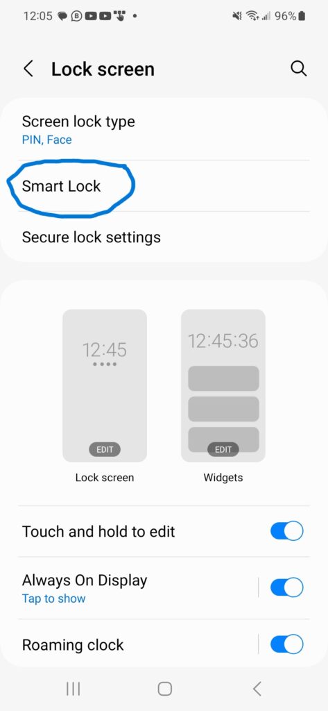 Android phone Lock Screen window with "Smart Lock" highlighted.