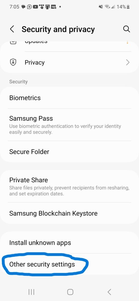 Screenshot of the Android phone Security and prvacy setting window.