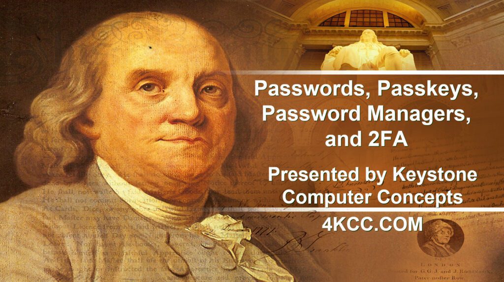 Passwords, Passkeys, Password Managers, and 2FA opening slide - leads to YouTube video
