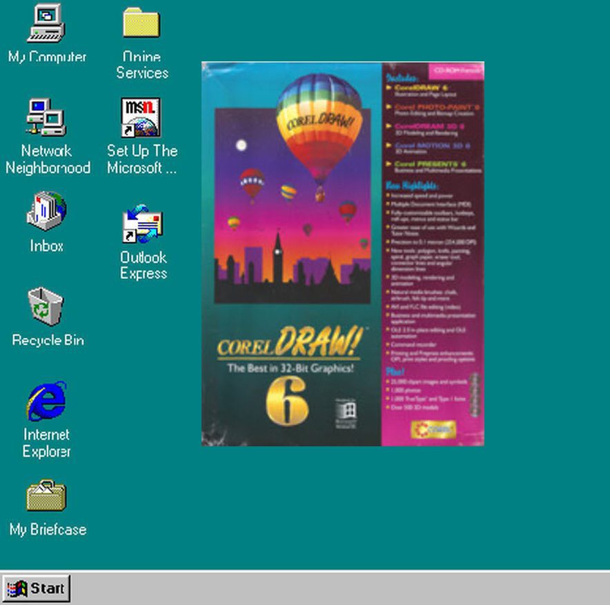 Windows 95 desktop with a picture of Corel Draw! 6