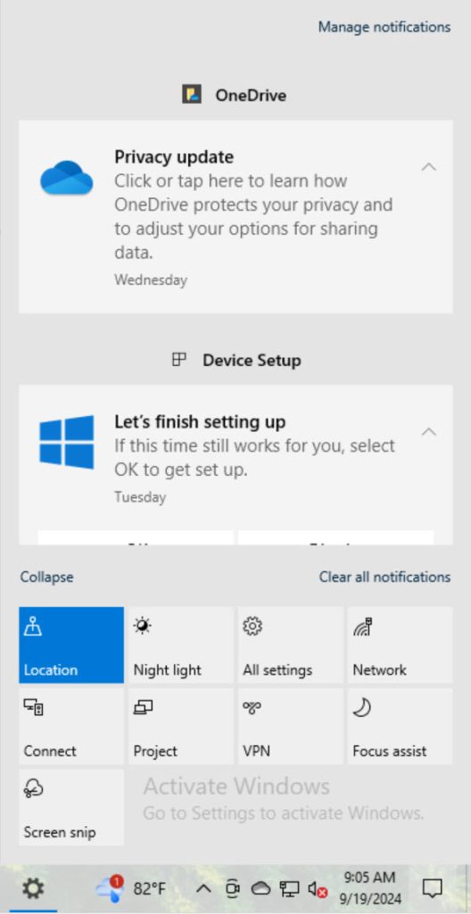 Windows 10 Action Center screenshot